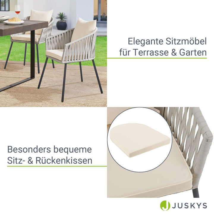 Juskys - Gartenstühle mit Seilgeflecht - 2er Set - Inklusive Kissen - 58 x 58 x 80 cm - Hellgrau