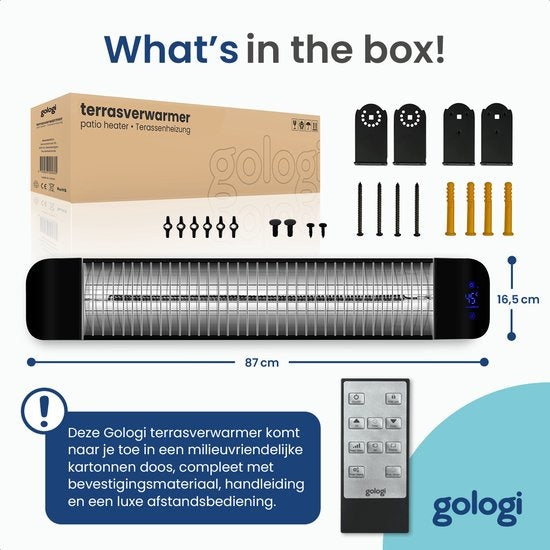 Gologi - Terrassenheizer - elektrisch - 2000W - App & Fernbedienung - Wandmontage - Schwarz