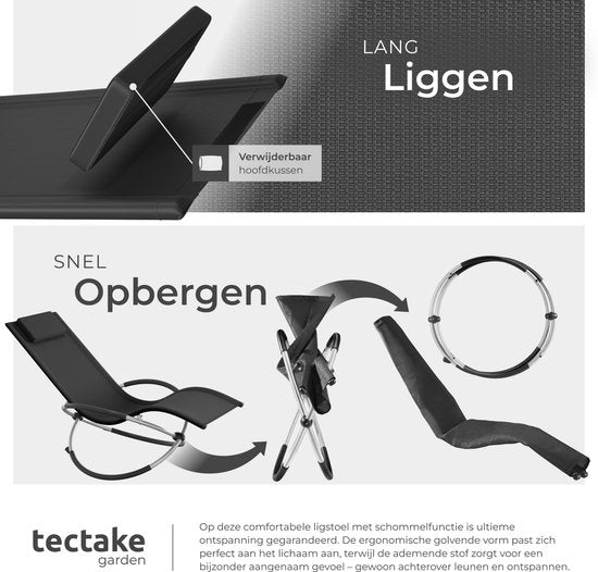 tectake Outdoor-Schaukelstuhl - Zusammenklappbar - Wetterfeste Liege - Relaxliege - Belastbarkeit bis 150 kg - Ergonomischer Liegestuhl - Gartenmöbel - Balkon oder Terrasse - Verschiedene Farben - Schwarz