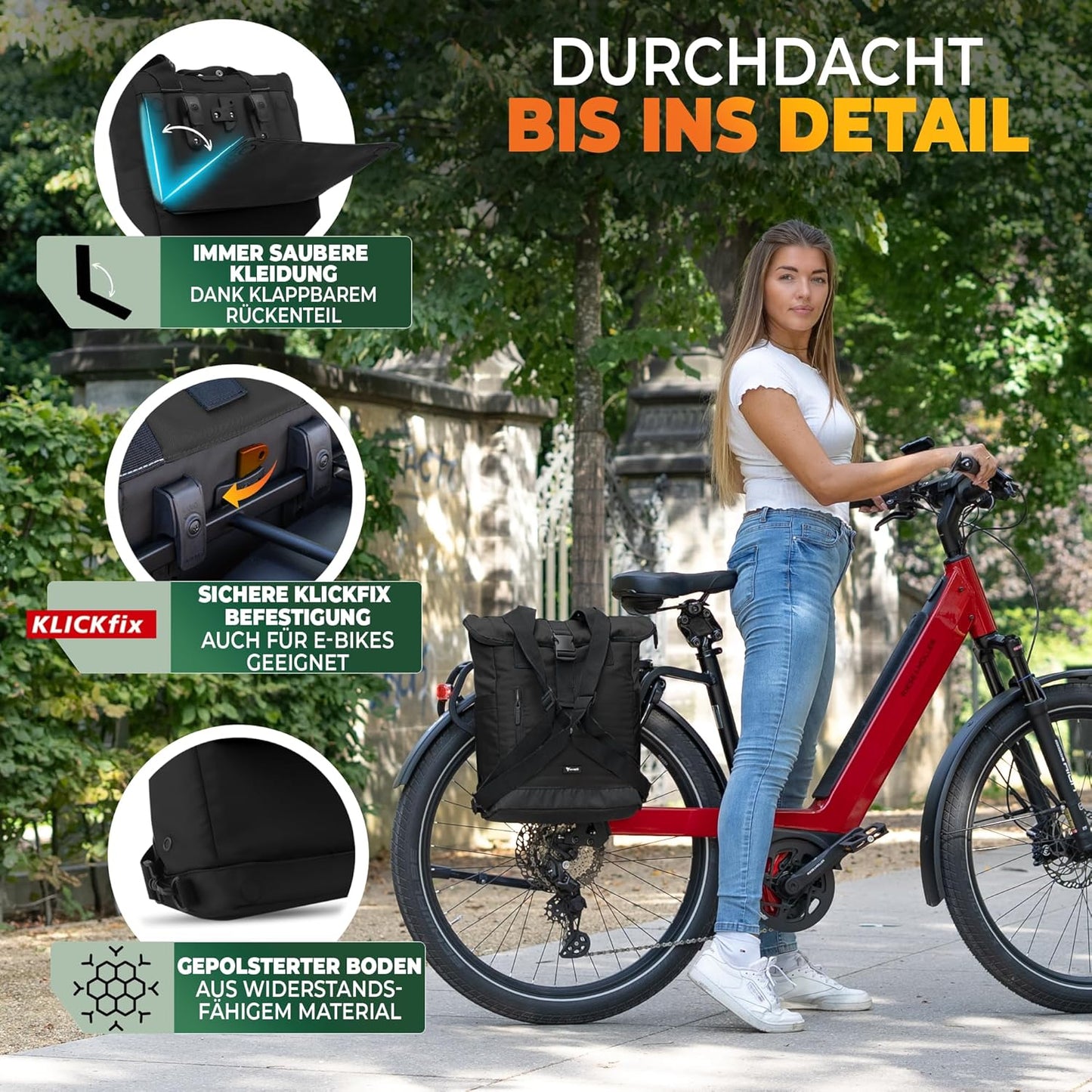 MIVELO MAYA - Fahrradrucksack mit faltbarem Rucksack - Schwarz - 50 x 28 x 14 cm