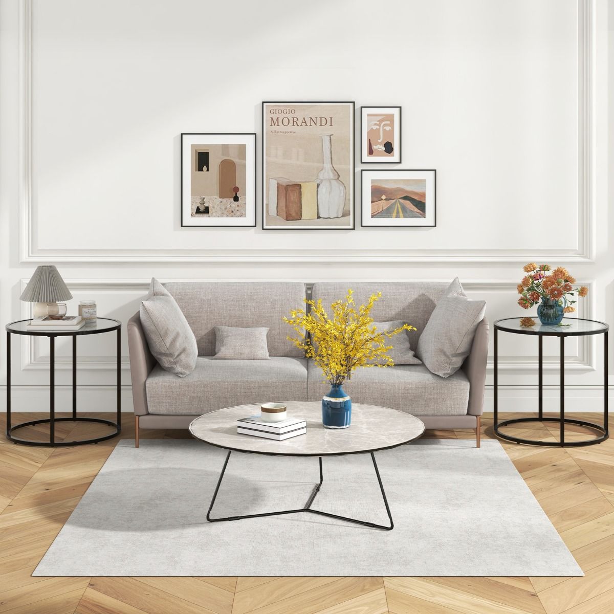 Coast 50 cm Runder Beistelltisch aus Glas mit Platte in Marmoroptik und schwarzem Metallgestell - Modernes Design