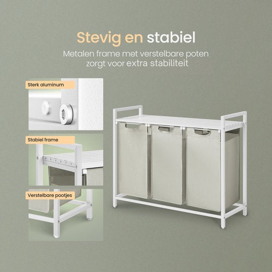 O'DADDY® Wäschekorb 3 Boxen - ausziehbarer Wäschesortierer mit Regal - 114 Liter - 92,5 x 33 x 71 cm - verstellbare Beine - einfach zu montieren - vielseitig und stilvoll aus Metall - weiß