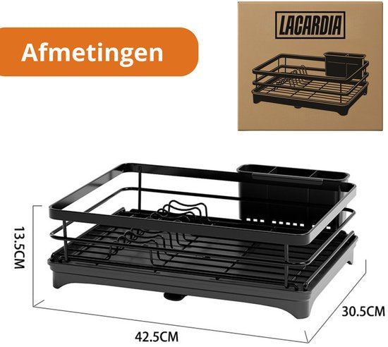 LaCardia Abtropfgestell – Schwarzes Abtropfgestell mit Auffangschale und Besteckhalter – Abtropfgestell aus Edelstahl für Geschirr