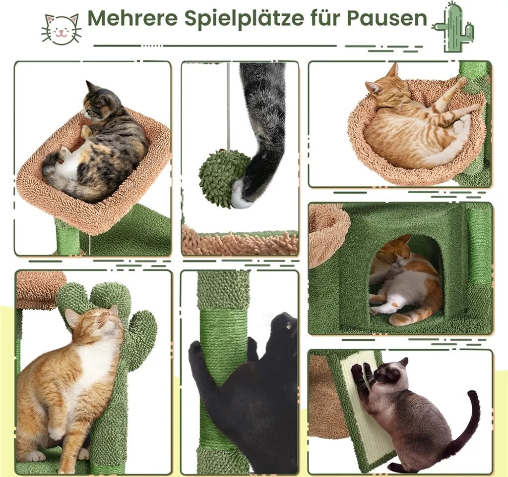 Yaheetech Kaktus Kratzbaum XS 42,5 x 42,5 x 106,5 cm – Grün/Braun – Kratzbaum mit Katzenhaus, Hängekorb und Sisalstangen