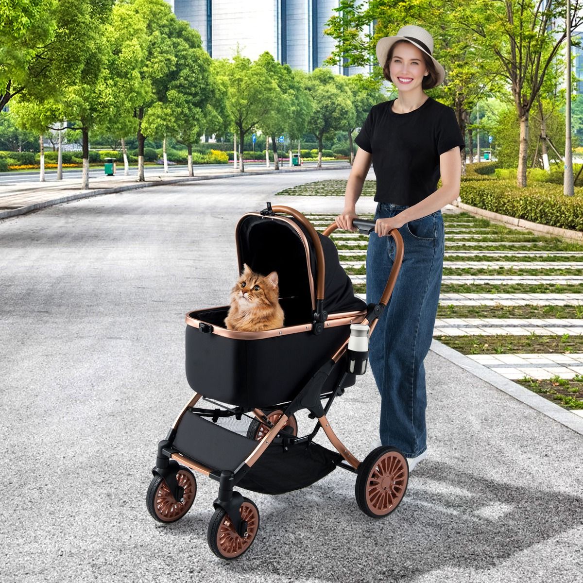 Coast Haustier-Buggy 3-in-1 – Zusammenklappbar – Abnehmbarer Korb – Schwarz 89 x 61 x 101 cm