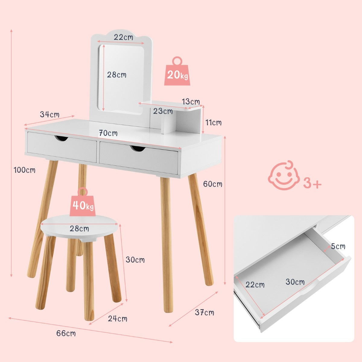 Coast 2 in 1 Kindertisch-Set Schreibtisch & Hocker mit Spiegel 70 x 37 x 100 cm weiß