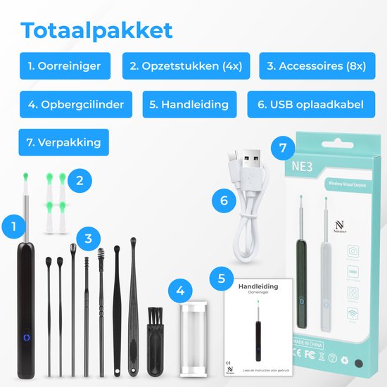 Nuvance - Ohrenschmalz-Entferner mit Kamera-App - Ohrreiniger - Ohrreinigungsset - Ohrenspritze - Ohrenkratzer - inkl. Reinigungsset