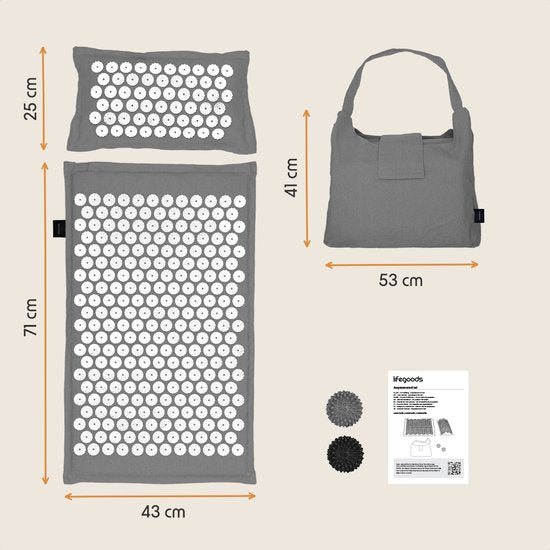 LifeGoods Akupressurmatte Eco - mit Kissen - Shakti Matte - Nagelmatte Inkl. 2x Triggerpunkt Ball und Tragetasche - 72x43x2cm - Grau/Weiß