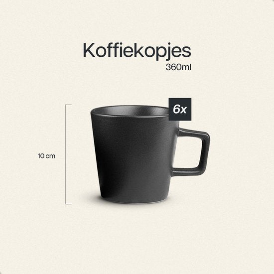 Deleca Kaffeetassen 6er Set - Kaffeetassen mit Ohr - Kaffeetassen / Becher - Massiv Steingut - Matt Schwarz / 360 ml