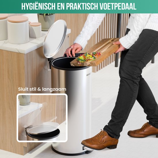 Avalo Tret-Abfalleimer 30L - Edelstahl Silber - Soft Close - Tret-Abfalleimer 30 Liter - Mülleimer 30 Liter