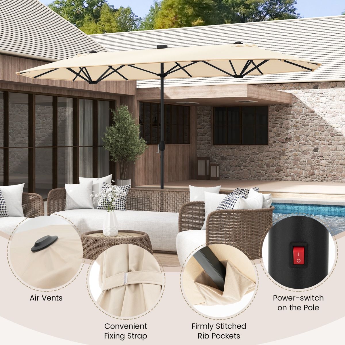 Coast Doppelter rechteckiger Garten-Sonnenschirm 400 x 200 cm - Beige, mit 36 Solar-LEDs und Kurbel