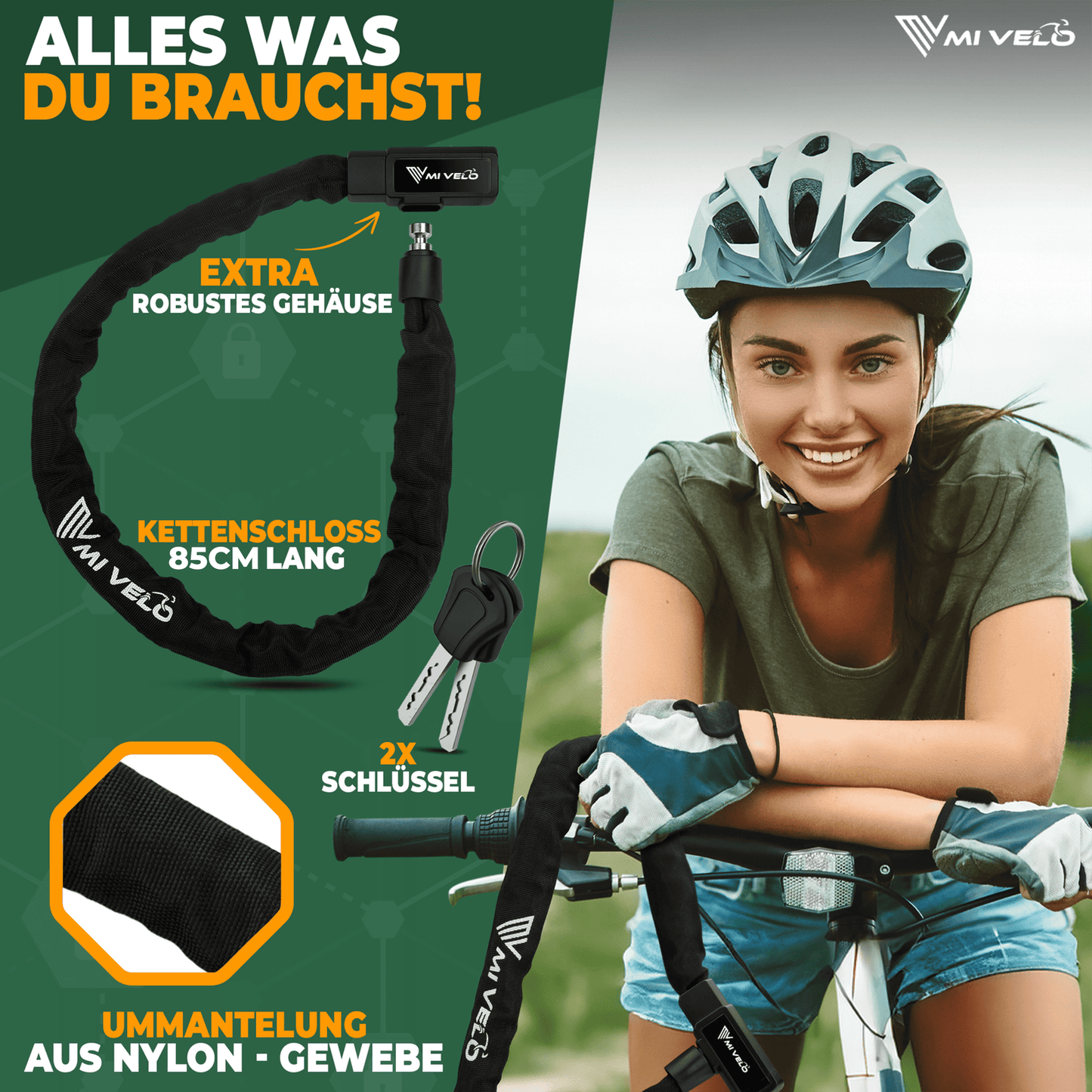 MIVELO Fahrradkette - Schlüsselschloss - 85 cm - Stahl - Schwarz