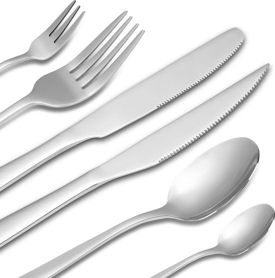 Deleca 8 Personen Besteckset Essential (48 Teile) - Löffel, Messer, Gabeln, Steakmesser & Kuchengabeln - Spülmaschinenfestes Besteck - Glänzend Silber / Edelstahl