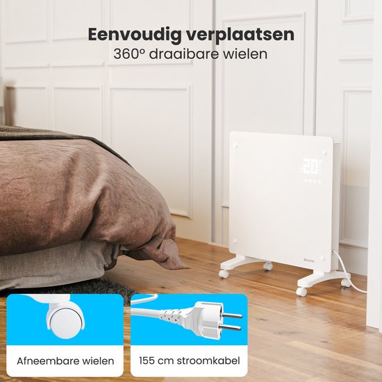 Auronic Elektroheizung - Konvektorheizung mit Thermostat und Fernbedienung - Glasheizkörper - 1000W Heizleistung - Weiß