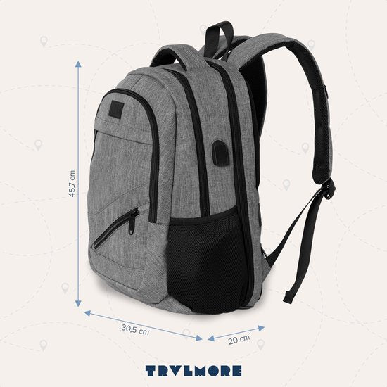 TRVLMORE Rucksack - 28L - 15.6 Zoll - Laptop-Rucksack - Schultasche - Männer und Frauen - Laptoptasche - Spritzwassergeschützt Grau