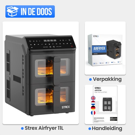 Strex Airfryer mit zwei Körben, 11 l, XXL-Heißluftfritteuse, 2500 W – Airfryer mit 2 Körben – Dual Basket – 13 Kochprogramme – Große vertikale Airfryer für die ganze Familie