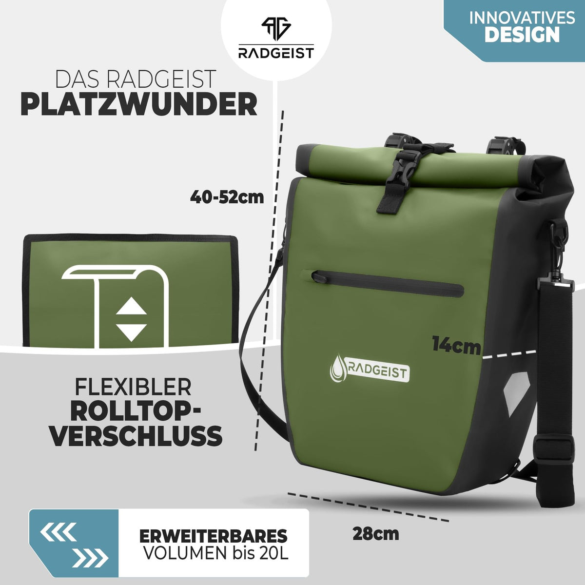 radgeist Fahrradtasche für Gepäckträger, wasserdicht – mit Reflektoren – 2-in-1-Seitentasche