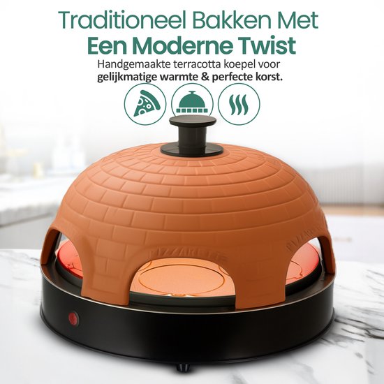 Emerio Pizzarette Original - 6-Personen-Pizzaofen - Handgefertigte Terrakotta-Kuppel - 6 isolierte Backspatel - Edelstahl-Backplatte - Gourmet-Set mit Cool Touch Kuppel - PO-115984 1200W