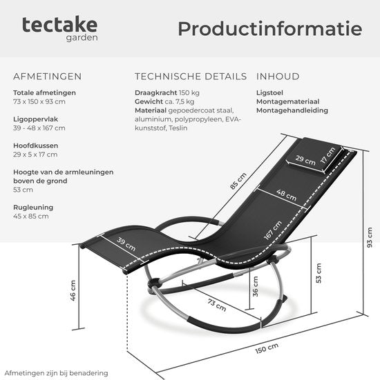 tectake Outdoor-Schaukelstuhl - Zusammenklappbar - Wetterfeste Liege - Relaxliege - Belastbarkeit bis 150 kg - Ergonomischer Liegestuhl - Gartenmöbel - Balkon oder Terrasse - Verschiedene Farben - Schwarz