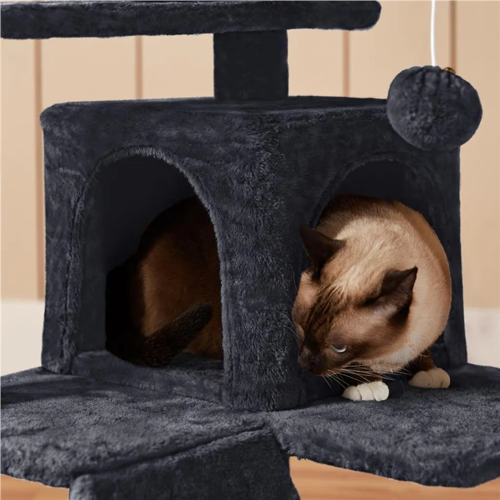 Yaheetech Katzenkratzbaum 139 cm hoch - 3 Aussichtsplattformen - 2 kuschelige Katzengehege - Schwarz