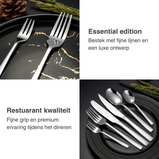 Deleca 8 Personen Besteckset Essential (48 Teile) - Löffel, Messer, Gabeln, Steakmesser & Kuchengabeln - Spülmaschinenfestes Besteck - Glänzend Silber / Edelstahl