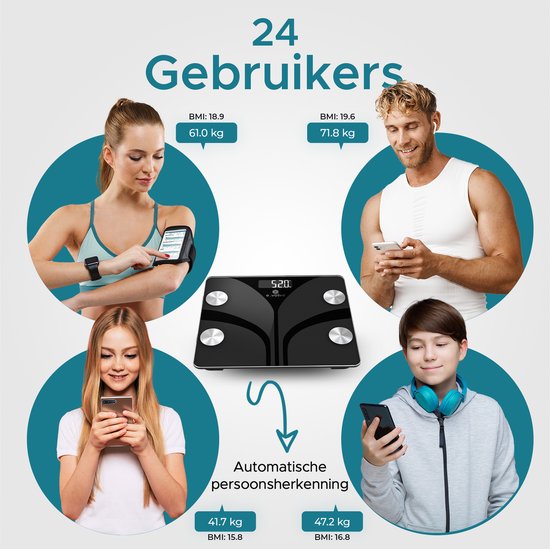 e.volve Waagen Personenwaage Digital - 14 Messungen - Smart Scale mit Körperanalyse - Schwarz