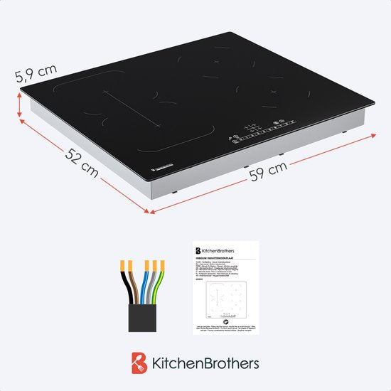 KitchenBrothers Induktionskochfeld - Einbau-Induktionskochfeld - 60 cm - 4 Zonen - 1x Flexzone - 1 und 2 Phasen - Bis zu 2400W - Schwarz