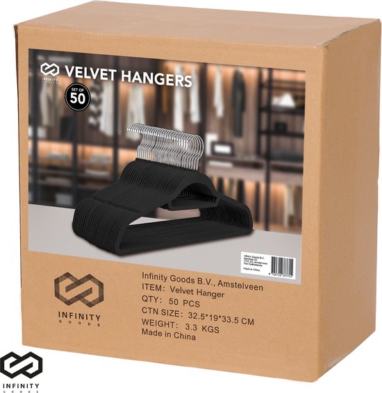 Infinity Goods 50 Kledinghangers Fluweel - Kleerhanger met Anti-Slip - Broekhanger - Metalen Haak - Volwassenen - 50 Stuks - Zwart