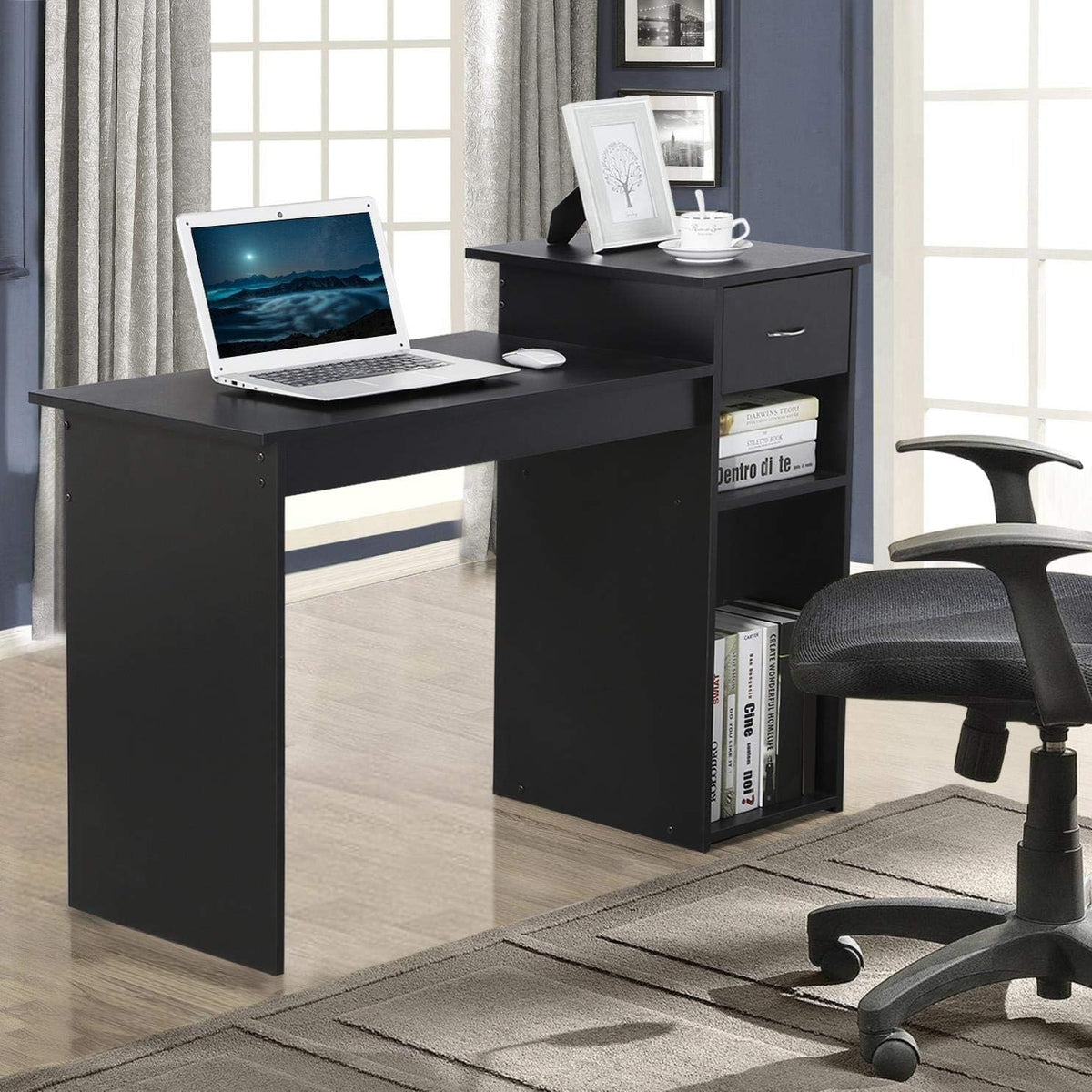 Yaheetech Computertisch – mit Schublade und 2 Ablageböden – 112 x 50 x 82 cm – Schwarz