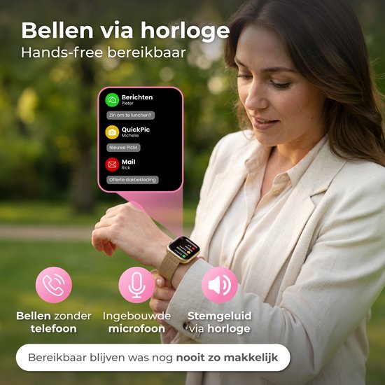Nuvance Smartwatch für Damen – Schrittzähler-Uhr für Damen – Herzfrequenzmesser – Sportuhr – Kompatibel mit iOS/Android – AMOLED – Inkl. 5 Armbänder – Gold