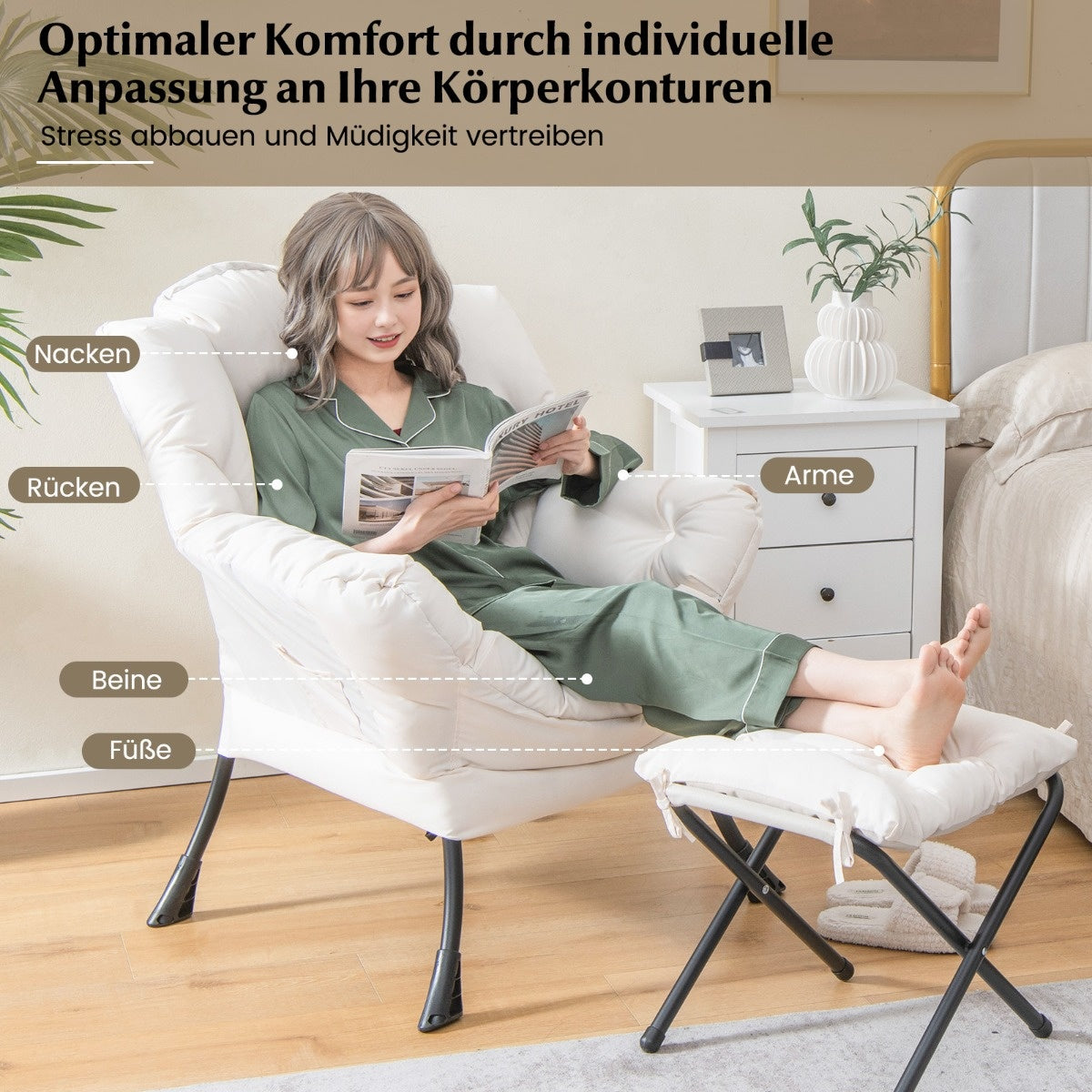 Coast Sessel - Mit Fußstütze, Armlehnen & praktischer Seitentasche - 75 x 81 x 94,5 cm - Beige