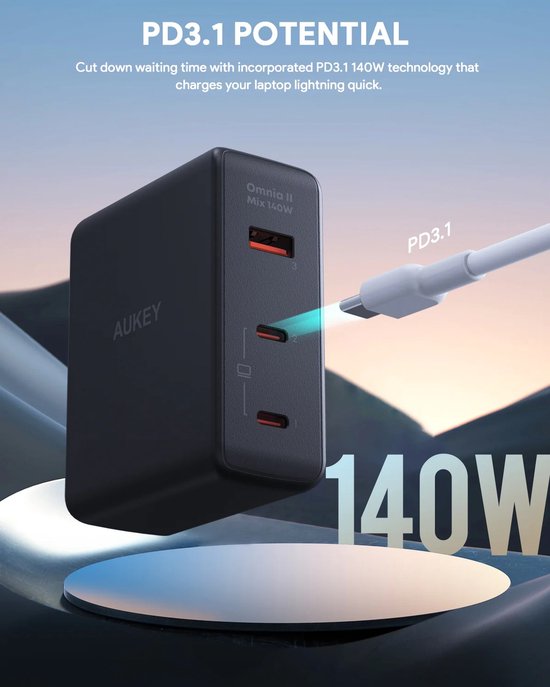 Aukey Omnia II Mix - Reisestecker mit EU-, US- und UK-Stecker - GaN-Ladegerät: Schneller und kompakter - 2x USB-C, 1x USB-A - 140W - Schwarz