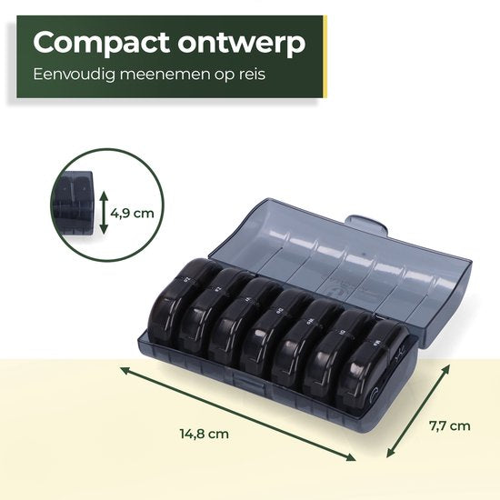 Gandria Pillendose 7 Tage - Herausnehmbare Pillendose - Medizinbox mit 14 Fächern - Medizinbox mit stabilem Verschluss - 2 Fächer pro Tag - Schwarz