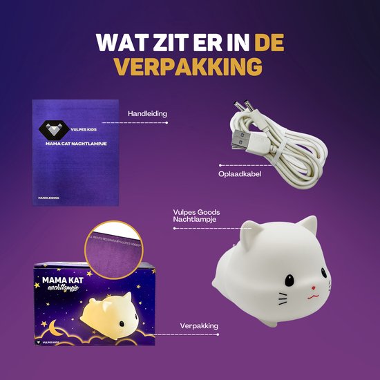 Vulpes Goods® Kinder-Nachtlicht - LED-Licht & 8 Farben - Babyzimmer-Nachtlicht - Katze - USB wiederaufladbar - Dimmer - Timer - Kabellos