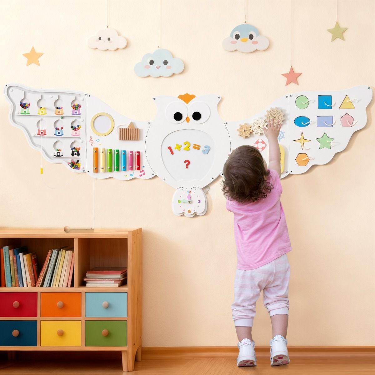 Coast Wand-Aktivitätenbrett „Eule“ – 11-in-1-Lernaktivitätenbrett – Montessori-Spielzeug – weiß
