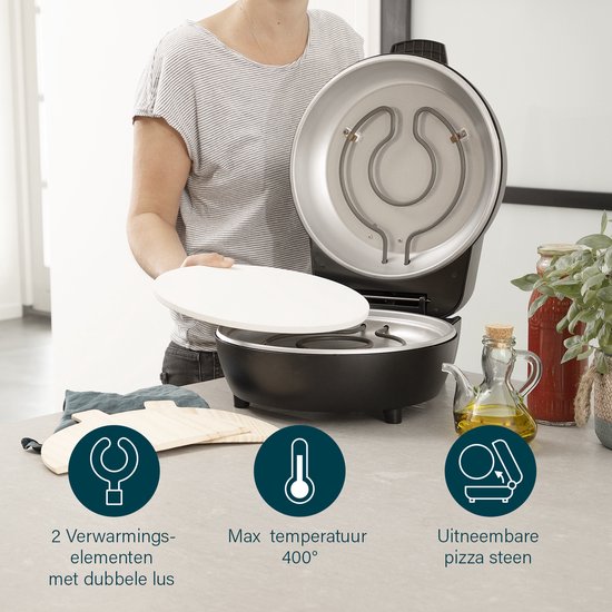 Princess 115005 Pizzaofen – Pizzabacker und Ofen – Einstellbarer Thermostat und Timer – 1200 W – Keramik-Pizzastein – 410 Grad – Durchmesser 30 cm – Schwarz