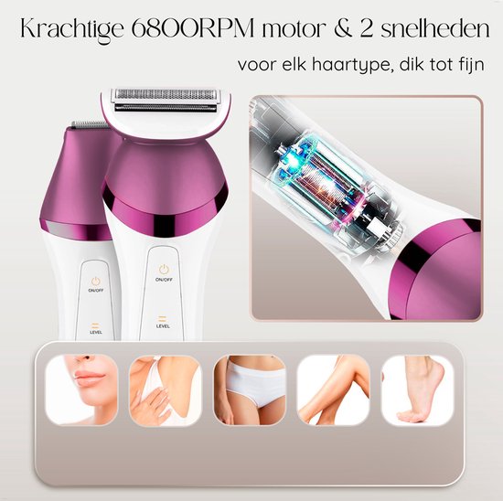 Sansbeauté® 6-in-1 Ladyshave - Gesicht - Achselhöhlen - Beine - Bikinizone - Rasierer für Frauen - Epilierer - Epilierer für Damen - Trimmer für Frauen - Bikini Trimmer - USB Wiederaufladbar