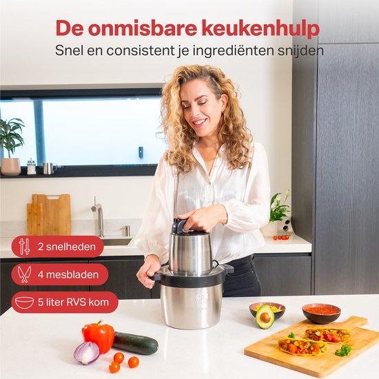 AoraKitchen - Zerkleinerer - Elektrisch - 5 Liter - 2000W - 4 Edelstahl-Messer