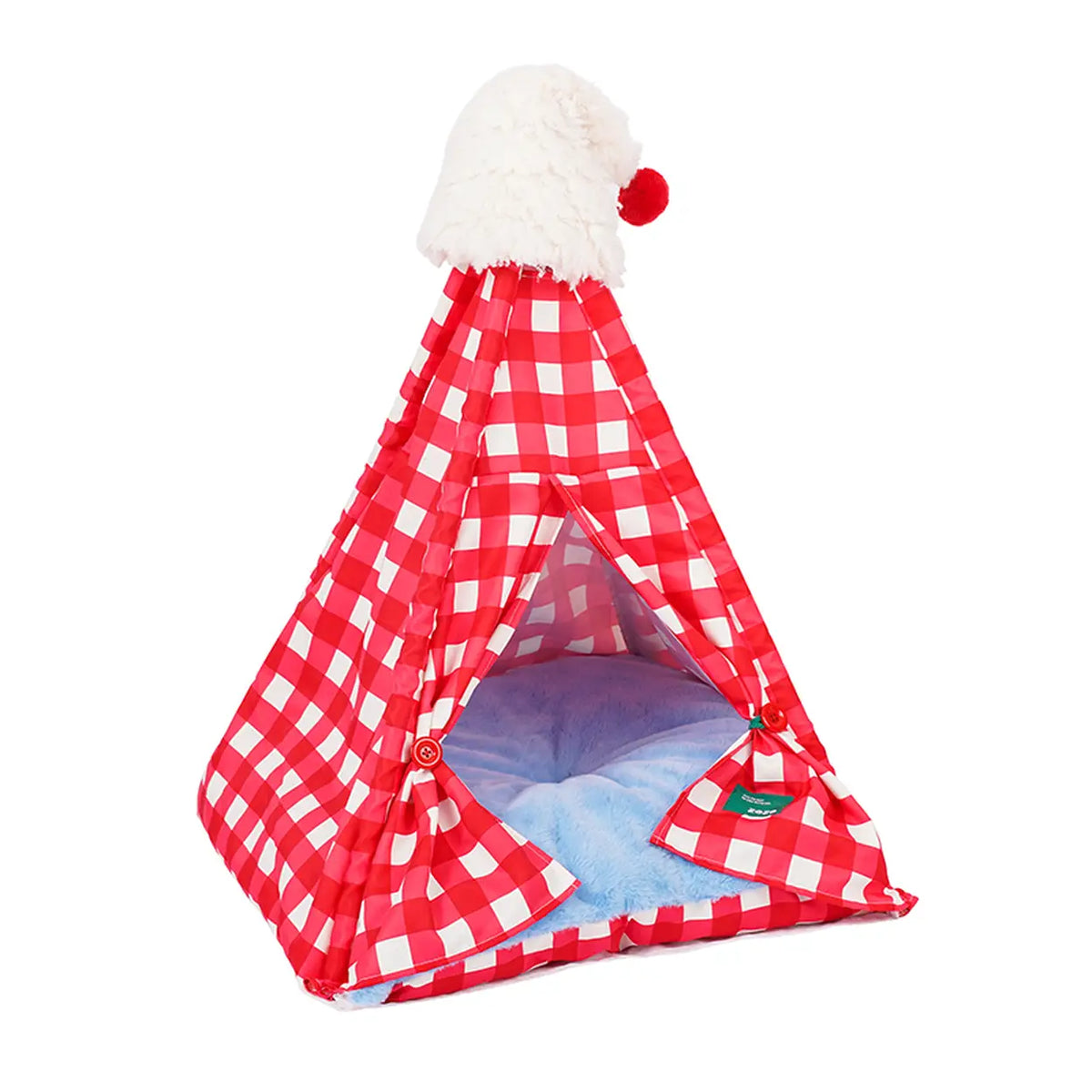 zeze Haustierzelt mit Weihnachtsmütze – rot-weiß kariert – 60 × 60 × 78 cm
