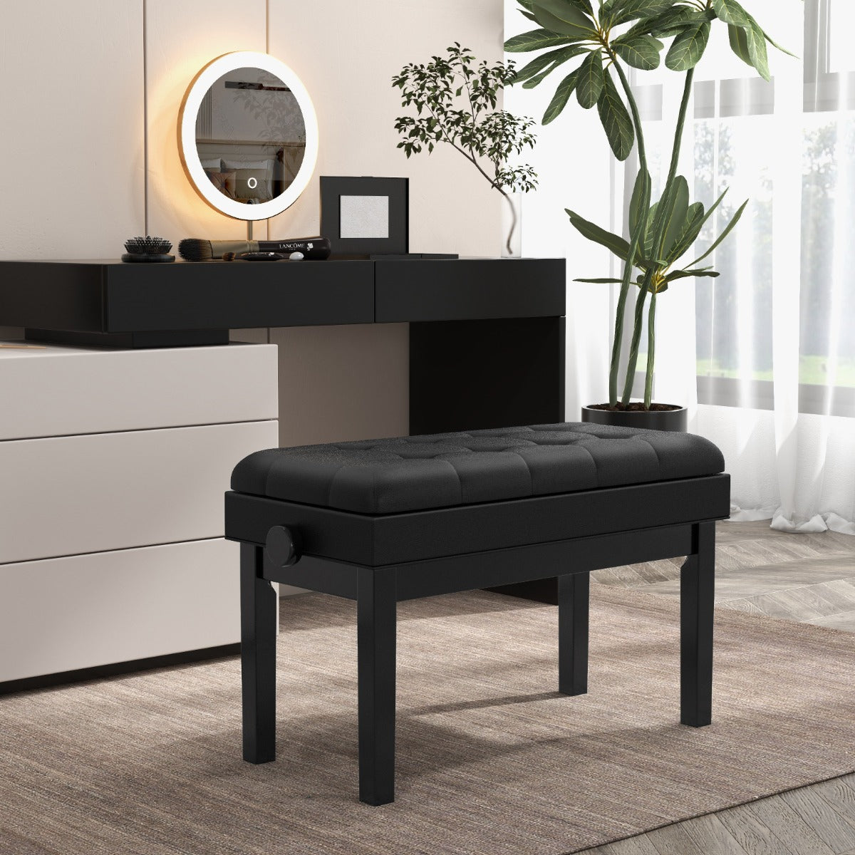 Verstellbare Duett-Klavierbank mit Ablage und wasserdichtem gepolstertem Kissen - 6 x 36 x 48-58 cm - Schwarz