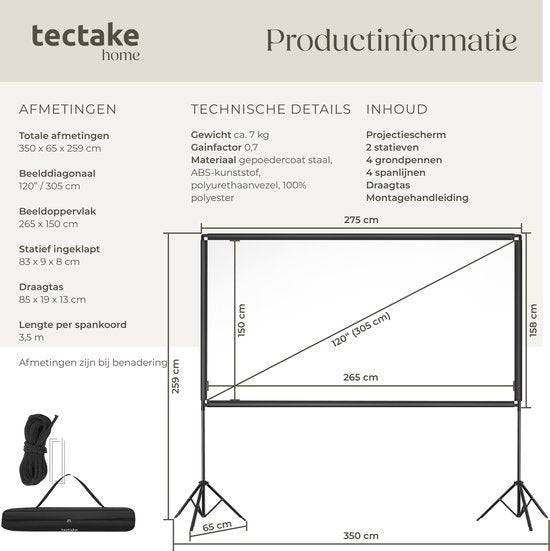 tectake® Beamer Leinwand - 120 Zoll (305 cm) - 16:9 Projektionswand mit Doppelstativ - 4K HD - aufrollbar - ausziehbar - Projektionstuch - Präsentationswand - Heimkino - inklusive Tragetasche