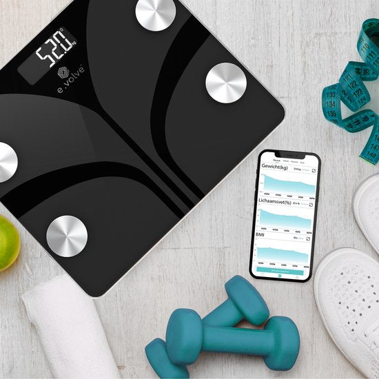e.volve Waagen Personenwaage Digital - 14 Messungen - Smart Scale mit Körperanalyse - Schwarz
