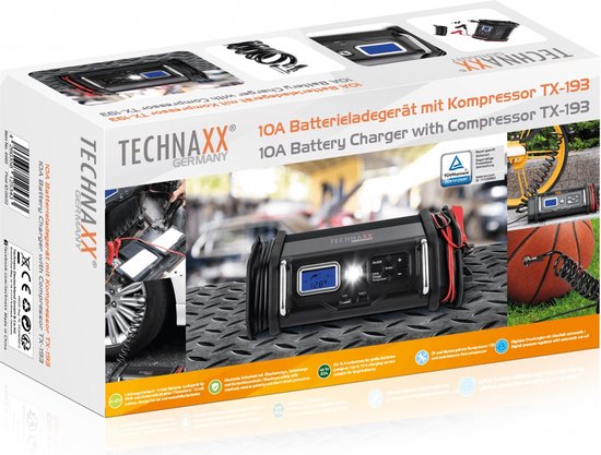 Technaxx TX-193(4999) 10A Batterieladegerät mit Kompressor - Lc Display - LED Beleuchtung - USB - Schwarz