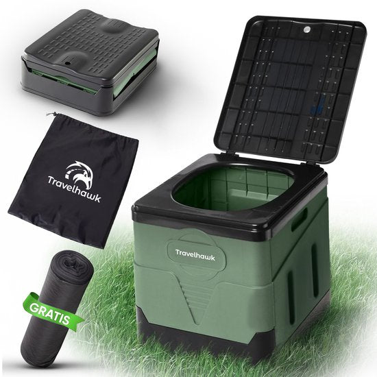 Travelhawk Campingtoilette - Tragbar & faltbar - Inklusive 12 biologisch abbaubaren Beuteln - Ideal für Camping, Festivals & Outdoor