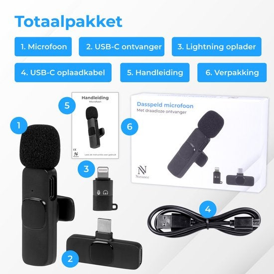 Nuvance - Drahtloses Mikrofon - Tie Pin Mikrofon - Geeignet für Usb-C & Apple Lightning - Lavelier Mikrofon - Plug & Play