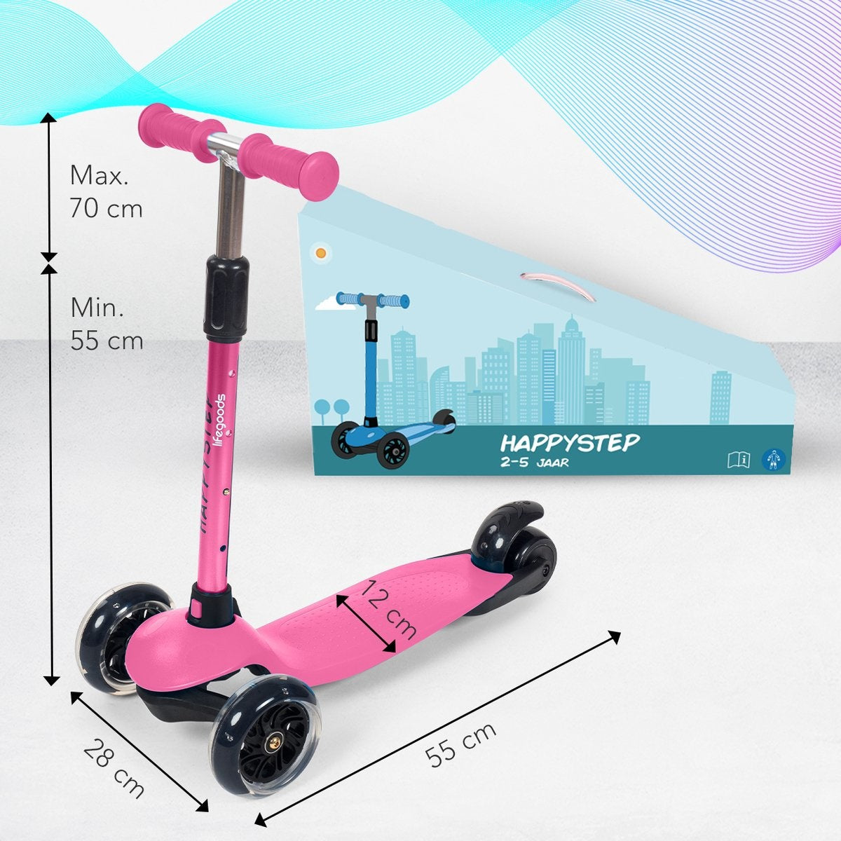 LifeGoods HappyStep - Kinderroller - Alter 2-5 Jahre - 3 leuchtende Räder - Jungen/Mädchen - Pink