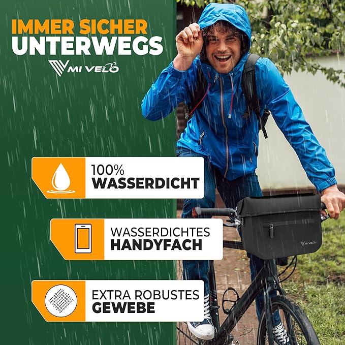 MIVELO - Lenkertasche - 100% wasserdicht & mit Handyfach - 7 Liter - 26 x 21 x 14cm - Schwarz