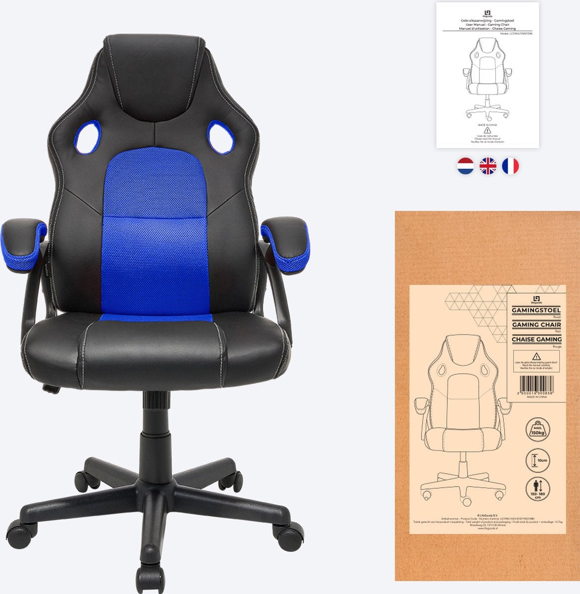 LifeGoods Gaming Stuhl - Einstellbar - Gaming Stuhl - Kunstleder - Blau/Schwarz