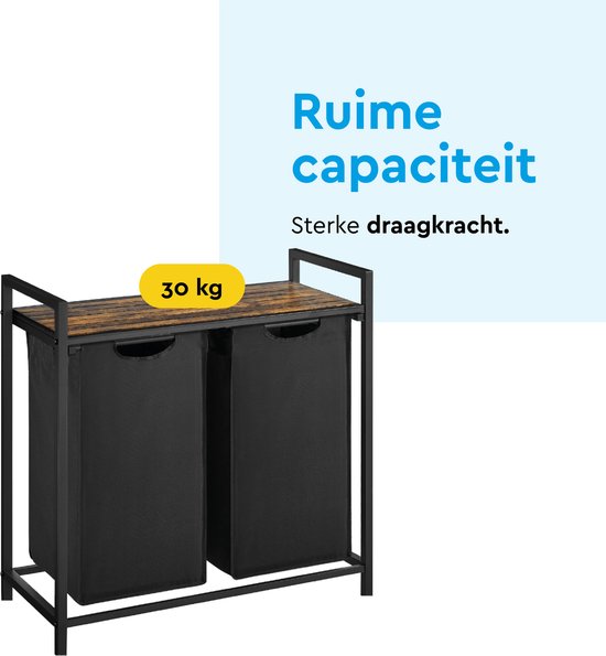 BRASQ Wäschekorb 2 Fächer - Wäschesortierer 76 Liter - Ausziehbar mit Regal 73x33x71 cm - Wäschebox Schwarz Metall - Braunes Holz - Korb