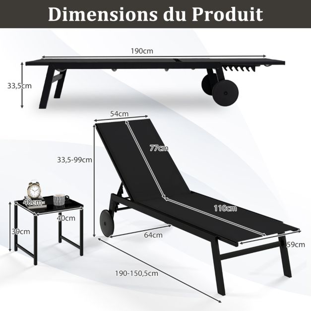 Coast Sonnenliege – 190 x 59 x 99 cm – Verstellbar – Rollbar – Metall – Schwarz